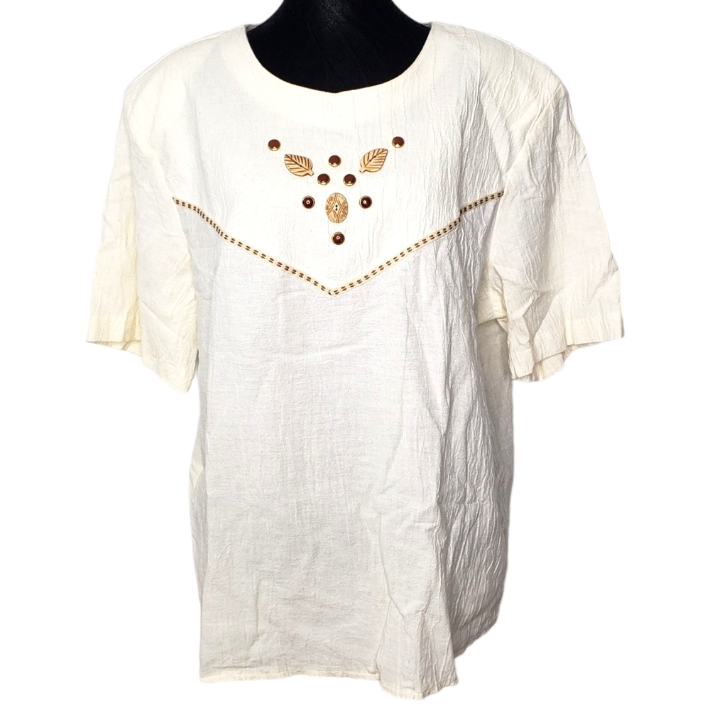 Vintage City Girl by Nancy Bolen Blouse Size 1X Cream Beaded Western Boho USA